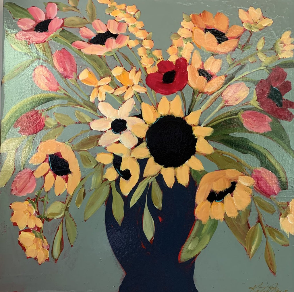 20x20 Navy vase with sunflowers original painting by Kate Bruce