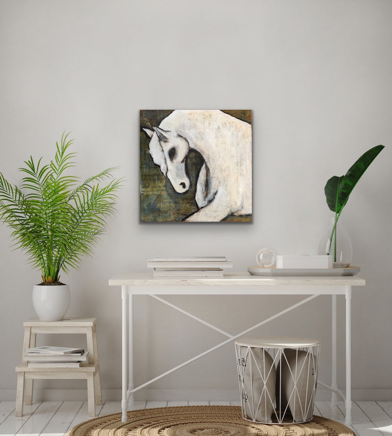 24x24 Prancing White Horse acrylic painting by Kate Bruce