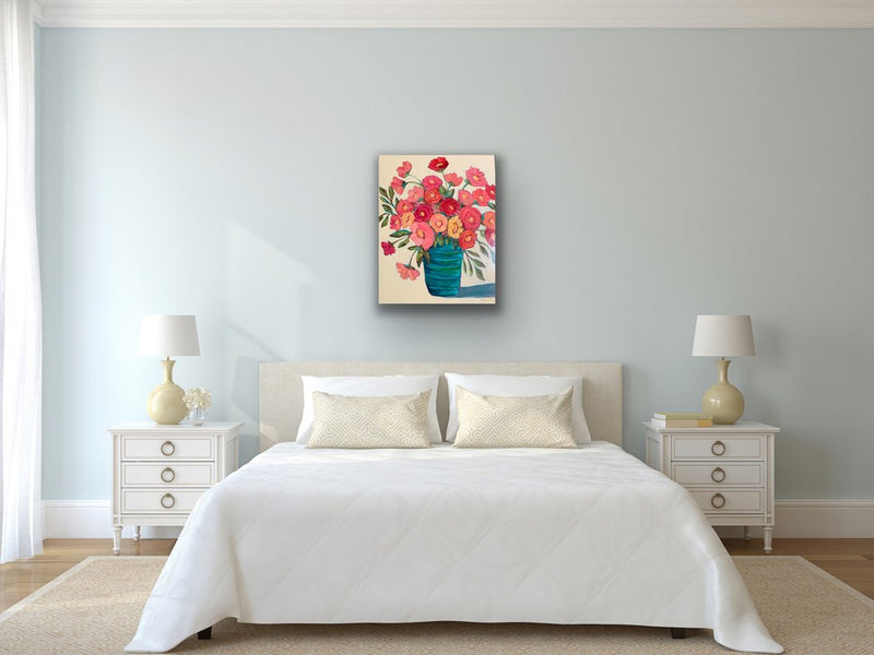 24x30 Kate Bruce original floral with turquoise vase