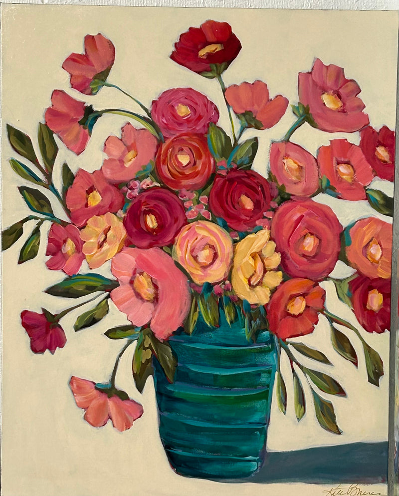 24x30 Kate Bruce original floral with turquoise vase